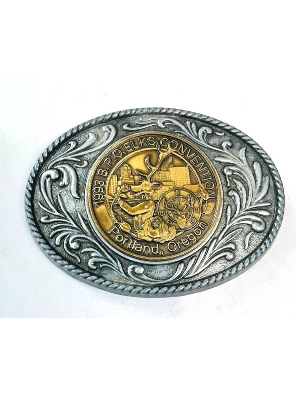 Vintage 1993 BPOE Elks Convention Belt Buckle Portland Oregon Two Tone Brass Sil